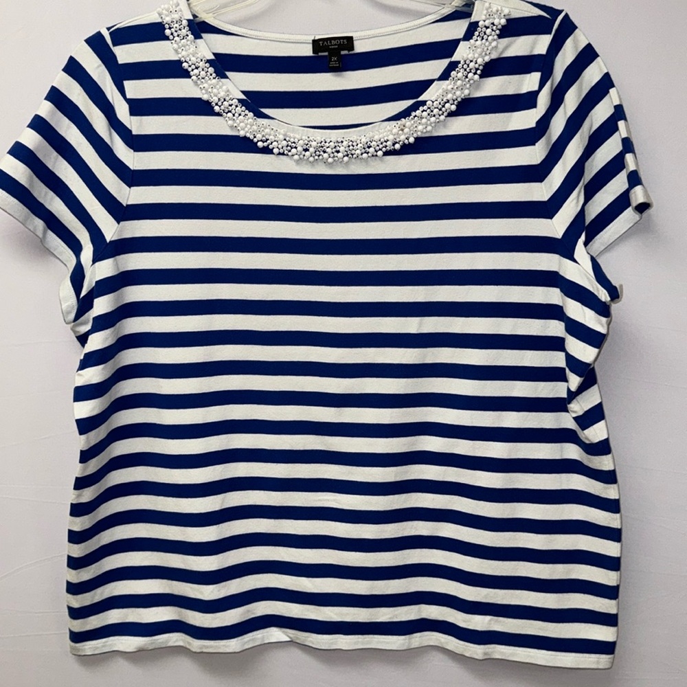 Talbots Woman Shirt Short Sleeve Blue and White Stripe Beaded Size 2X - Picture 1 of 4